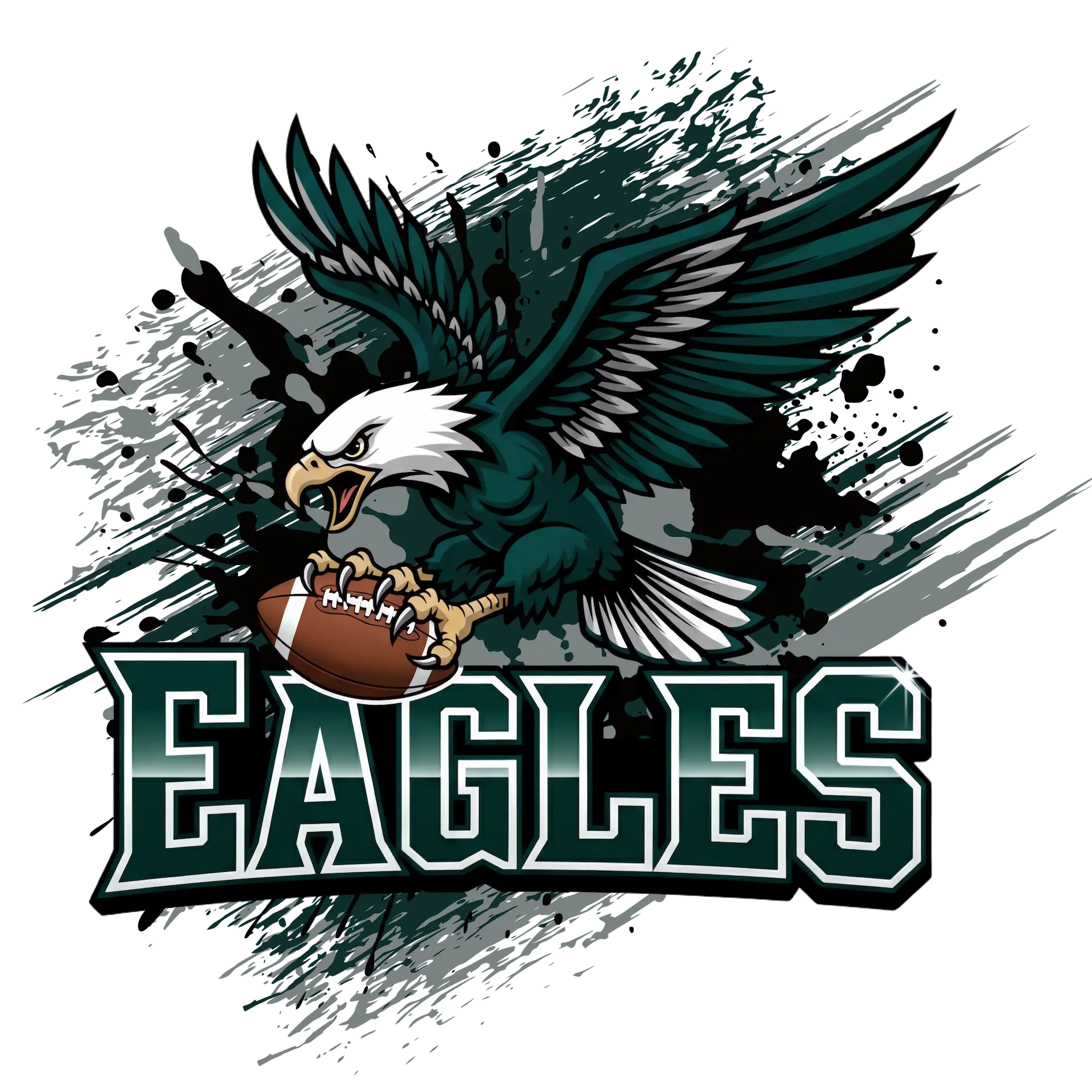 Eagles Football Team design featuring a fierce eagle gripping a football with a green and black splash background.