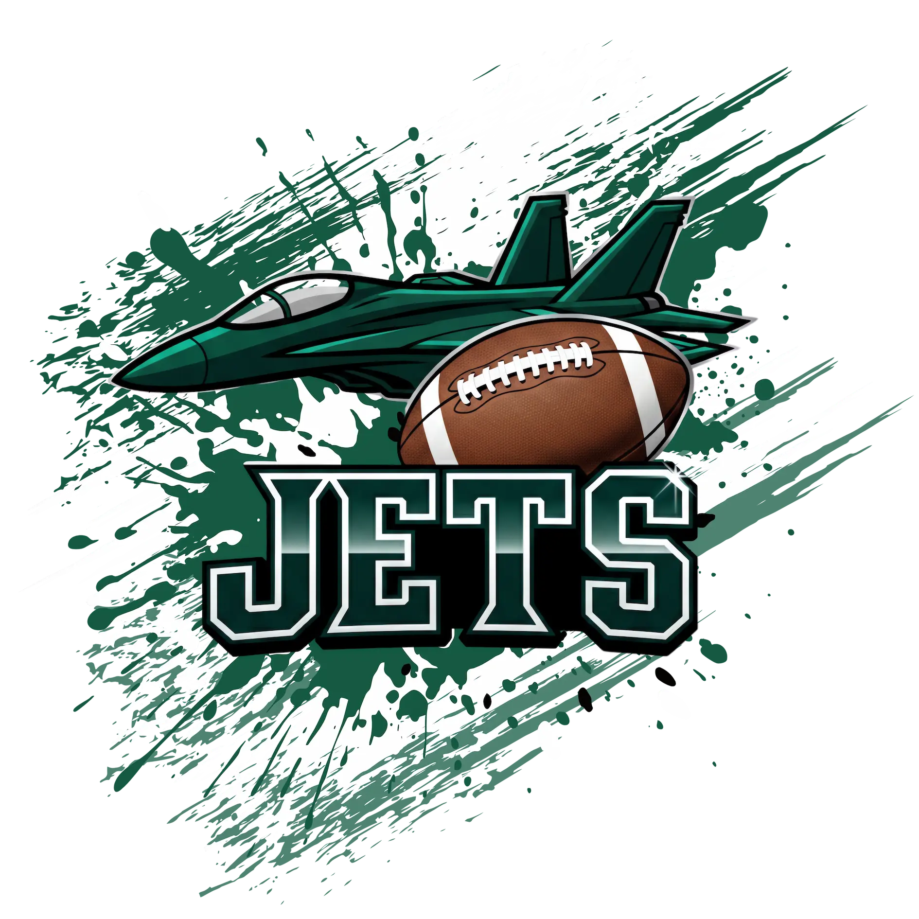 Jets Football Team design featuring a green fighter jet and football with a bold splash background.