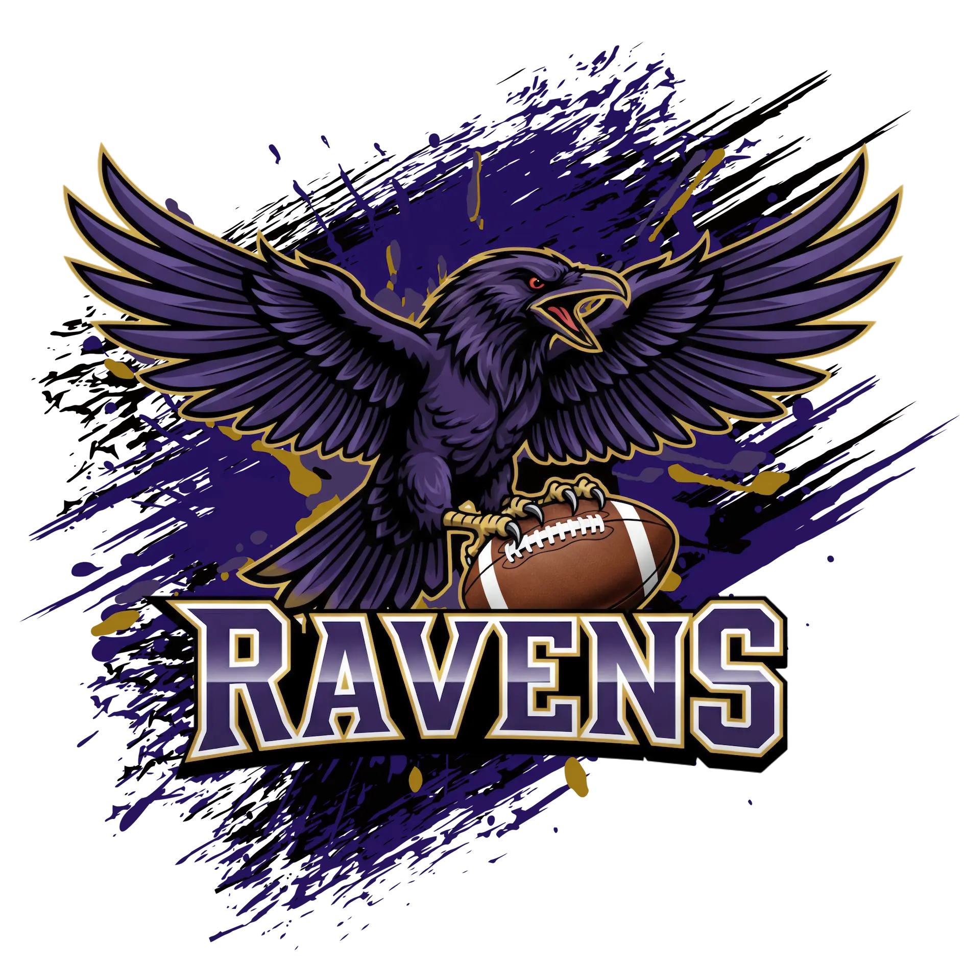 Ravens Football Team design featuring a black raven holding a football with purple and gold splash accents.