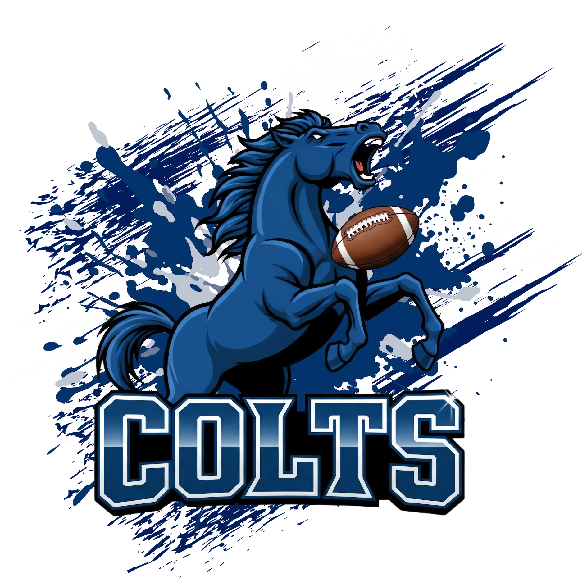 Colts Football Team design featuring a strong blue horse rearing with a football against a white and navy background.