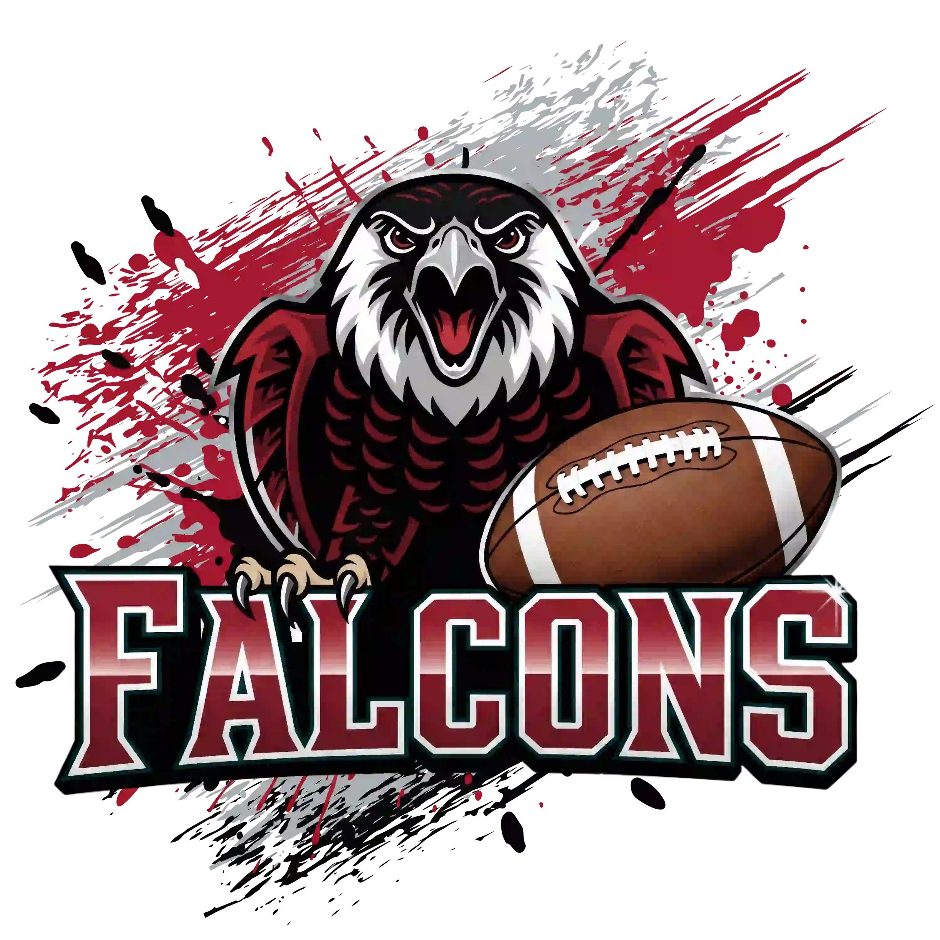 Fierce falcon mascot holding football with bold 'FALCONS' text – Atlanta Falcons team t-shirt design