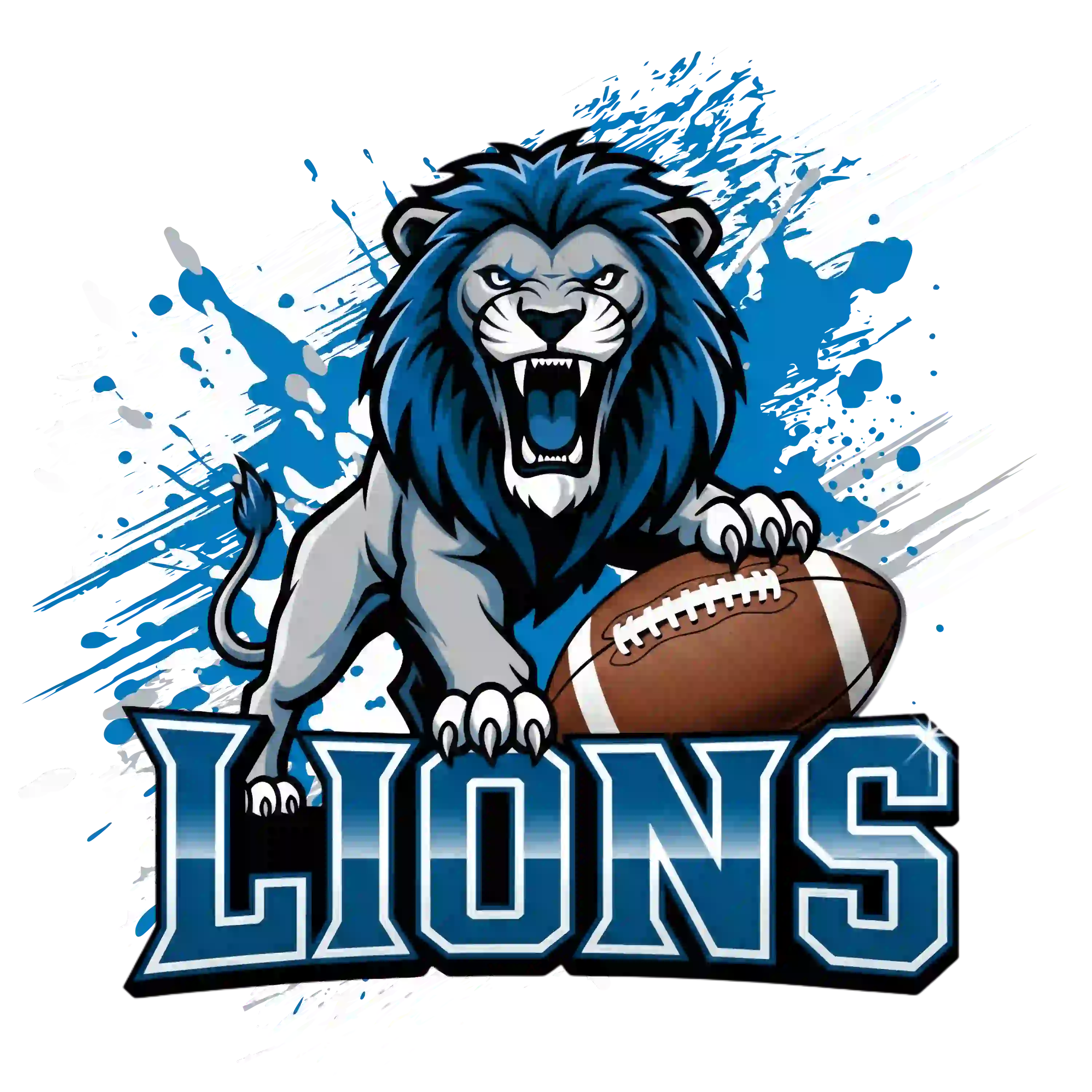 Fierce blue lion mascot gripping football with bold 'LIONS' text – Detroit Lions team t-shirt design