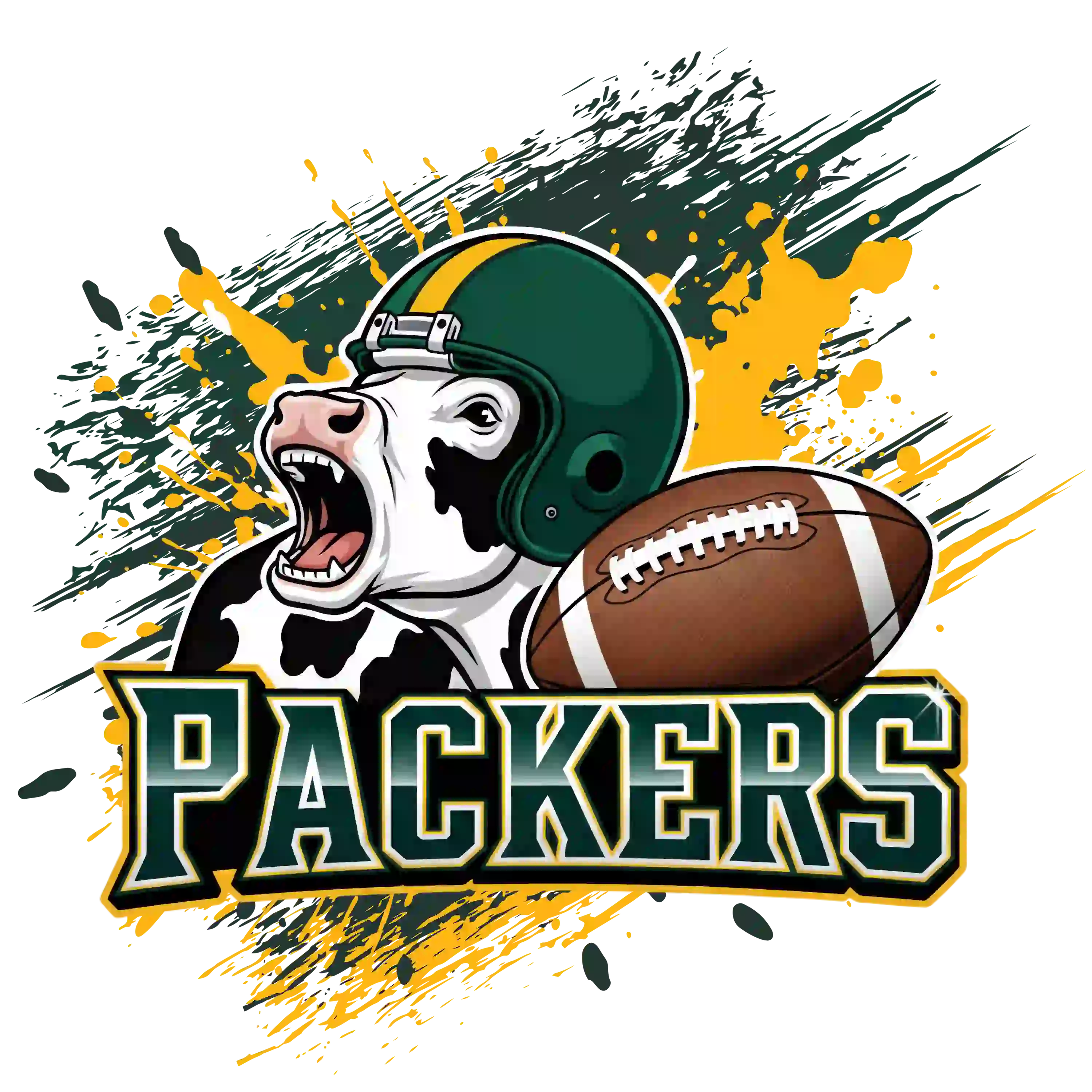 Fierce cow mascot in green helmet with football and bold 'PACKERS' text – Green Bay Packers team t-shirt design