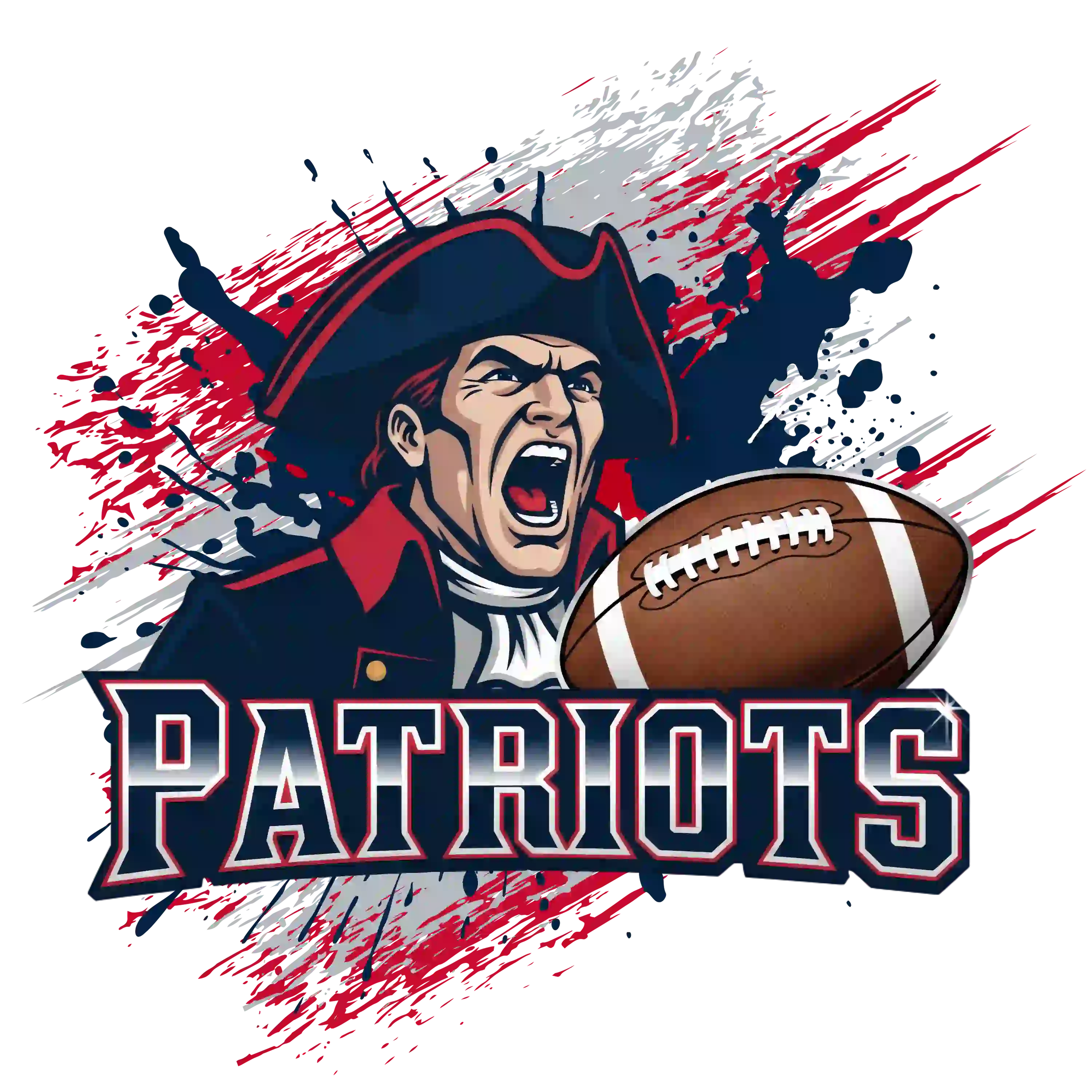 Fierce patriot character in tricorn hat holding football with bold 'PATRIOTS' text – New England Patriots American football team t-shirt design
