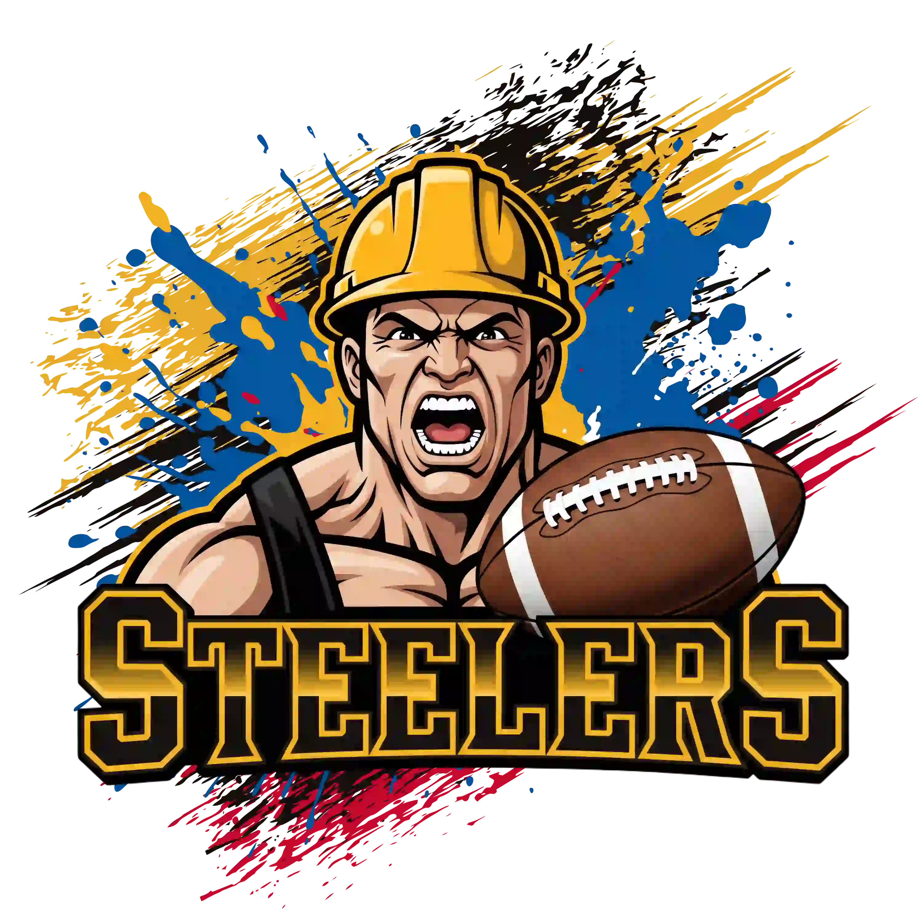 Muscular man in yellow helmet holding football with bold 'STEELERS' text – Pittsburgh Steelers football team t-shirt design