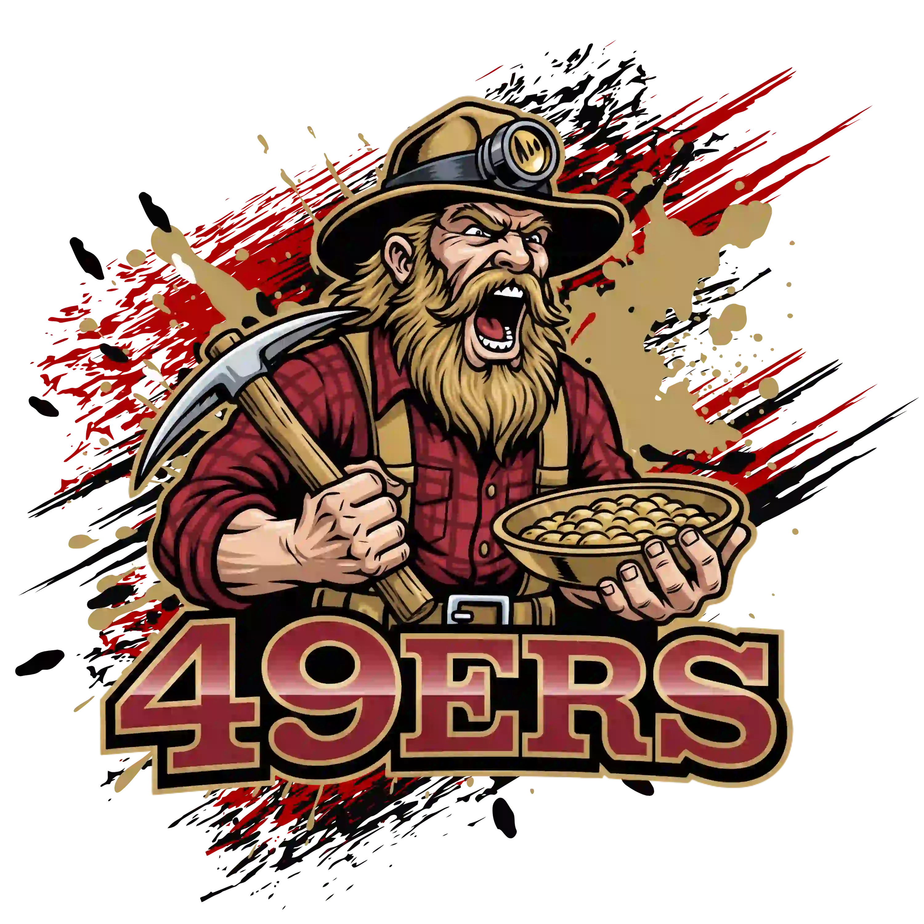 Gold miner mascot with pickaxe, gold pan, and bold '49ERS' text – San Francisco 49ers team t-shirt design