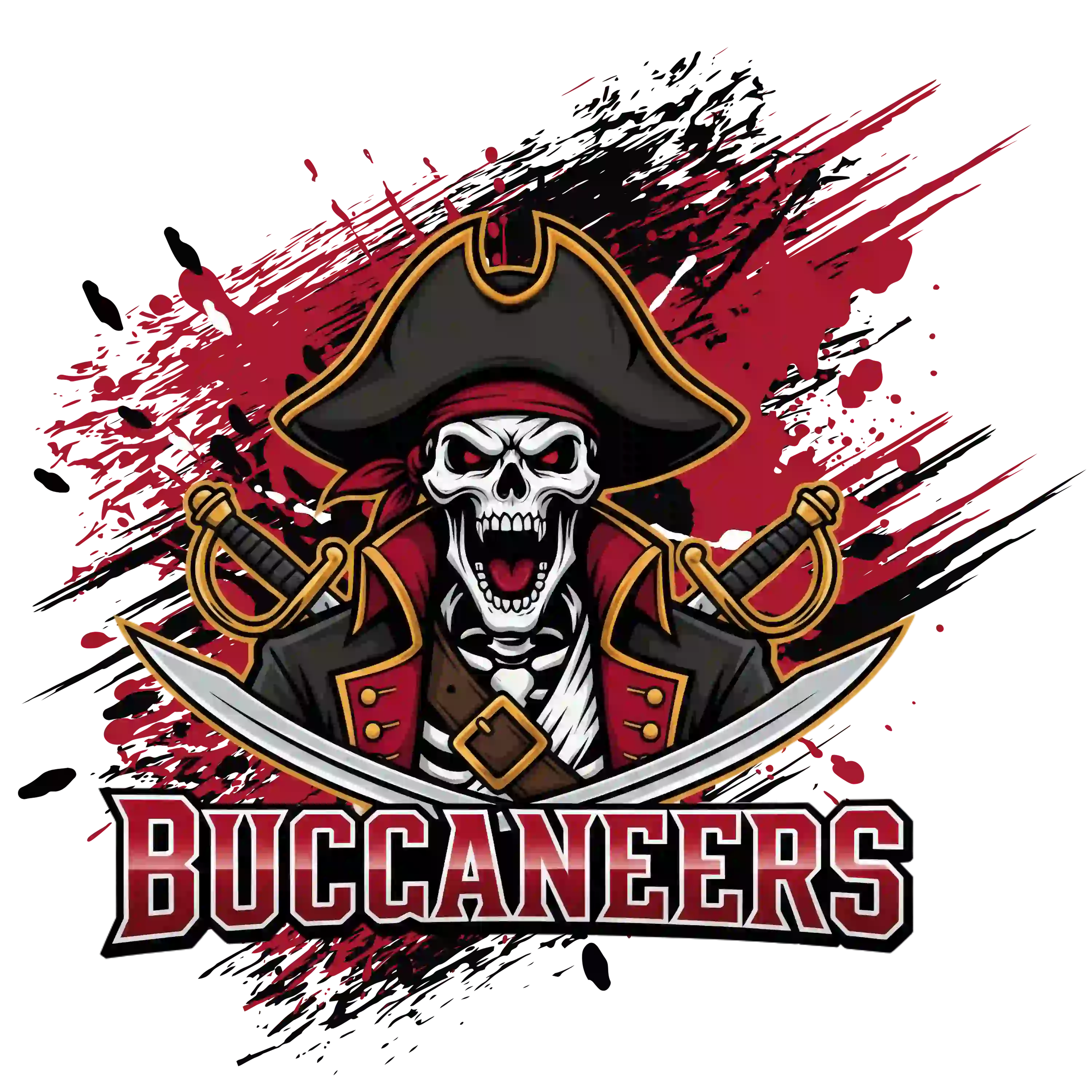 Pirate skeleton in tricorn hat with crossed swords and bold 'BUCCANEERS' text – Tampa Bay Buccaneers team t-shirt design