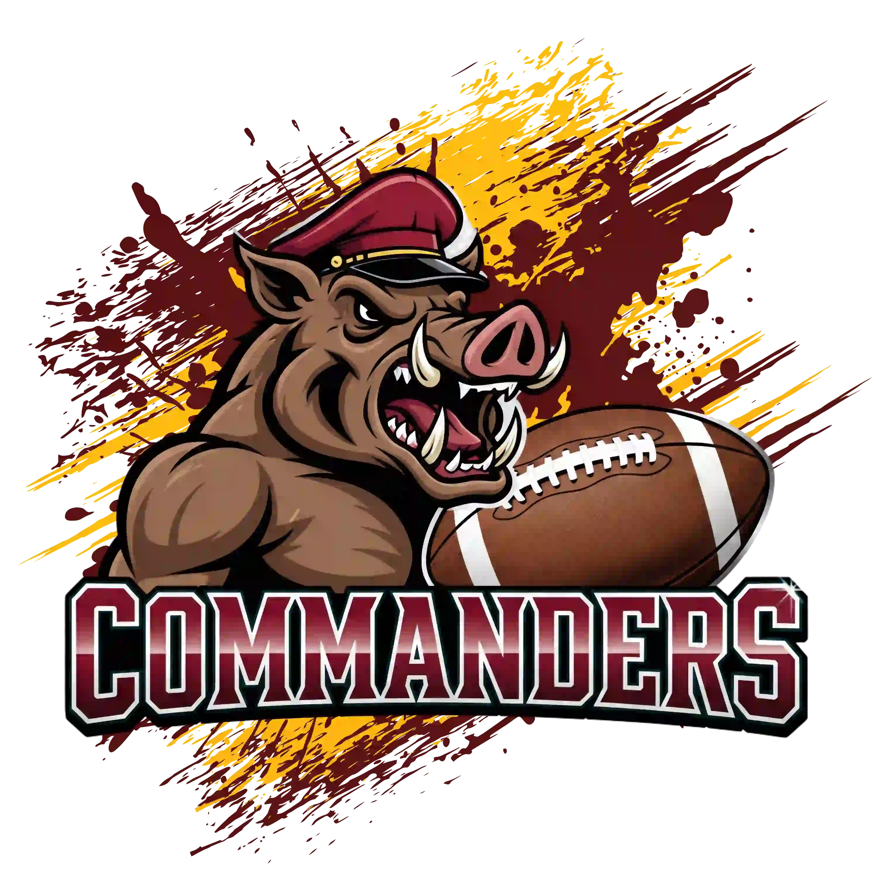 Muscular wild boar in red cap with football and bold 'COMMANDERS' text – Washington Commanders American Football team t-shirt design