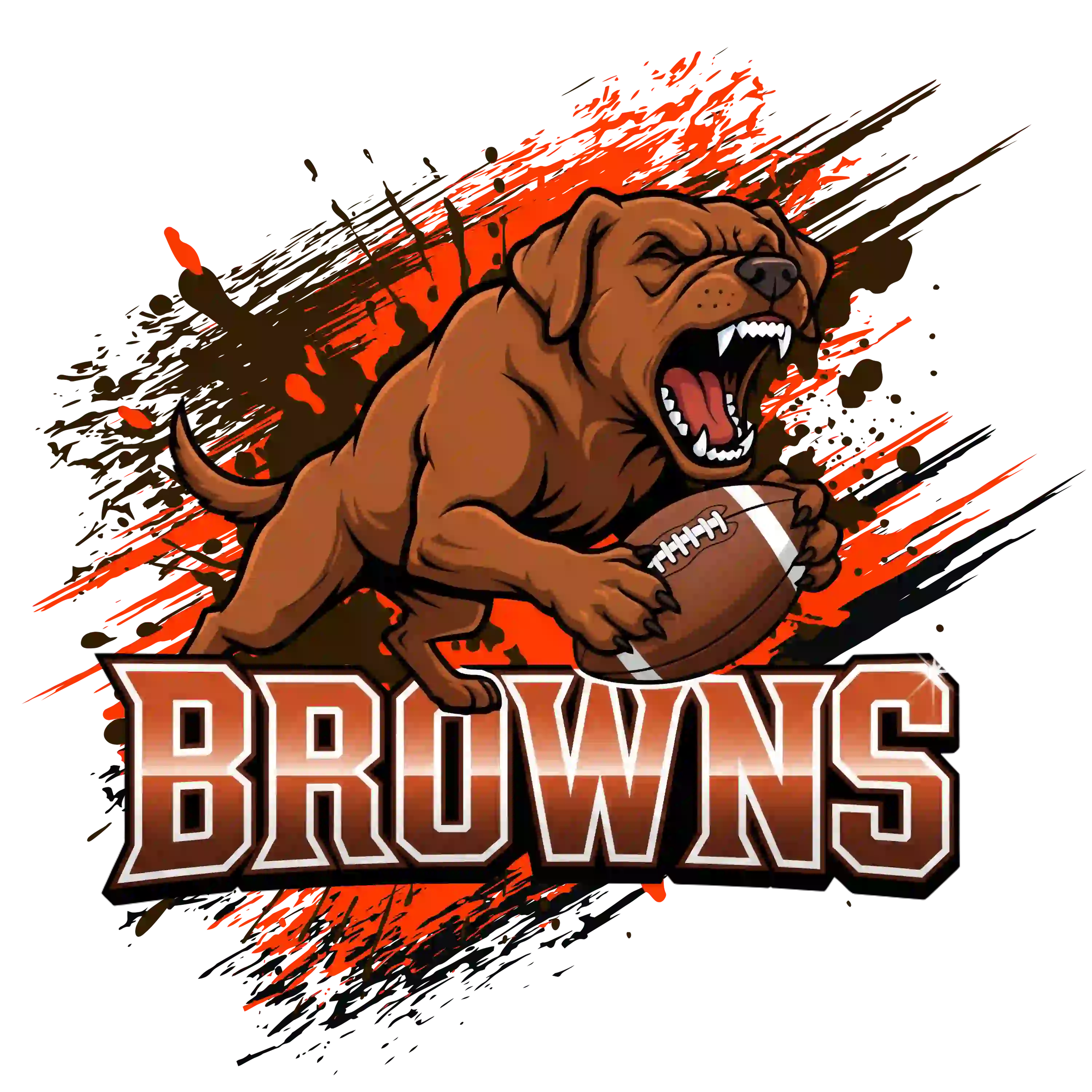 Cartoon fierce brown dog holding football with bold 'BROWNS' text – Cleveland Browns team t-shirt design