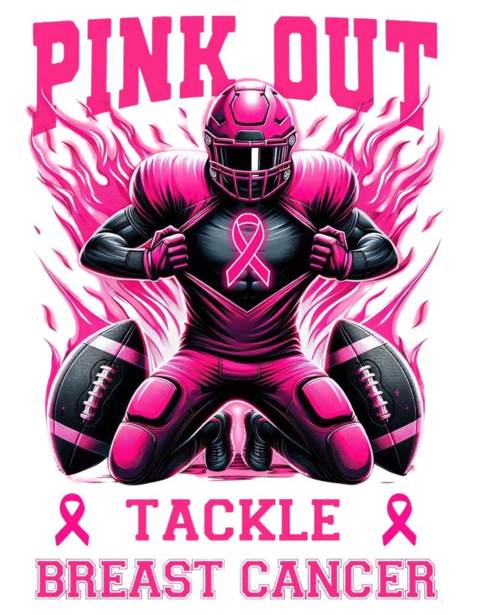 Pink-themed football player t-shirt design with breast cancer awareness elements on a white background