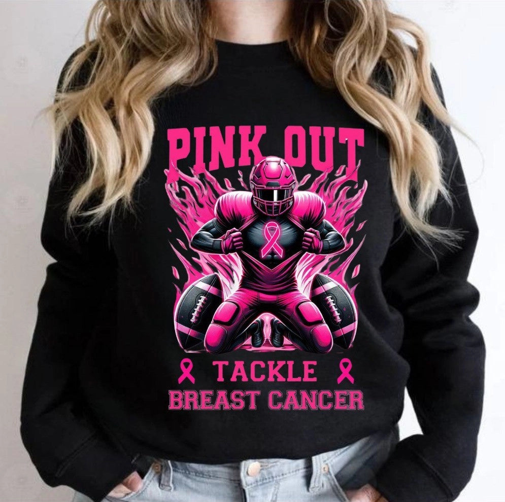 Black sweatshirt with pink graphics and text about breast cancer awareness