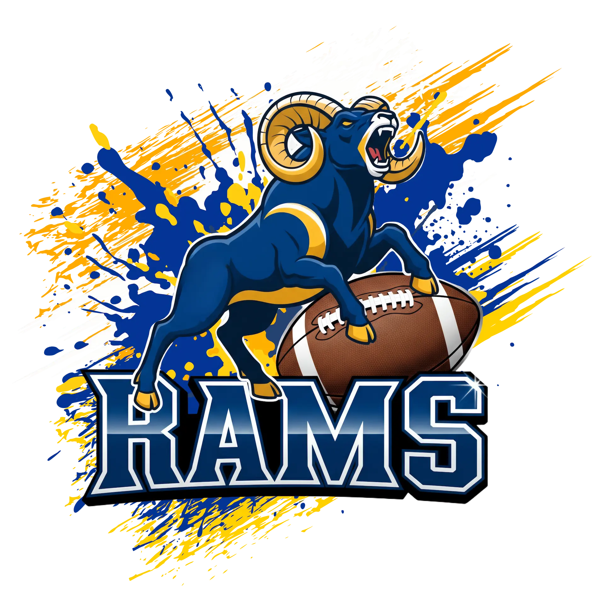 Rams Football Team design featuring a bold blue ram standing over a football with blue and gold splash background.