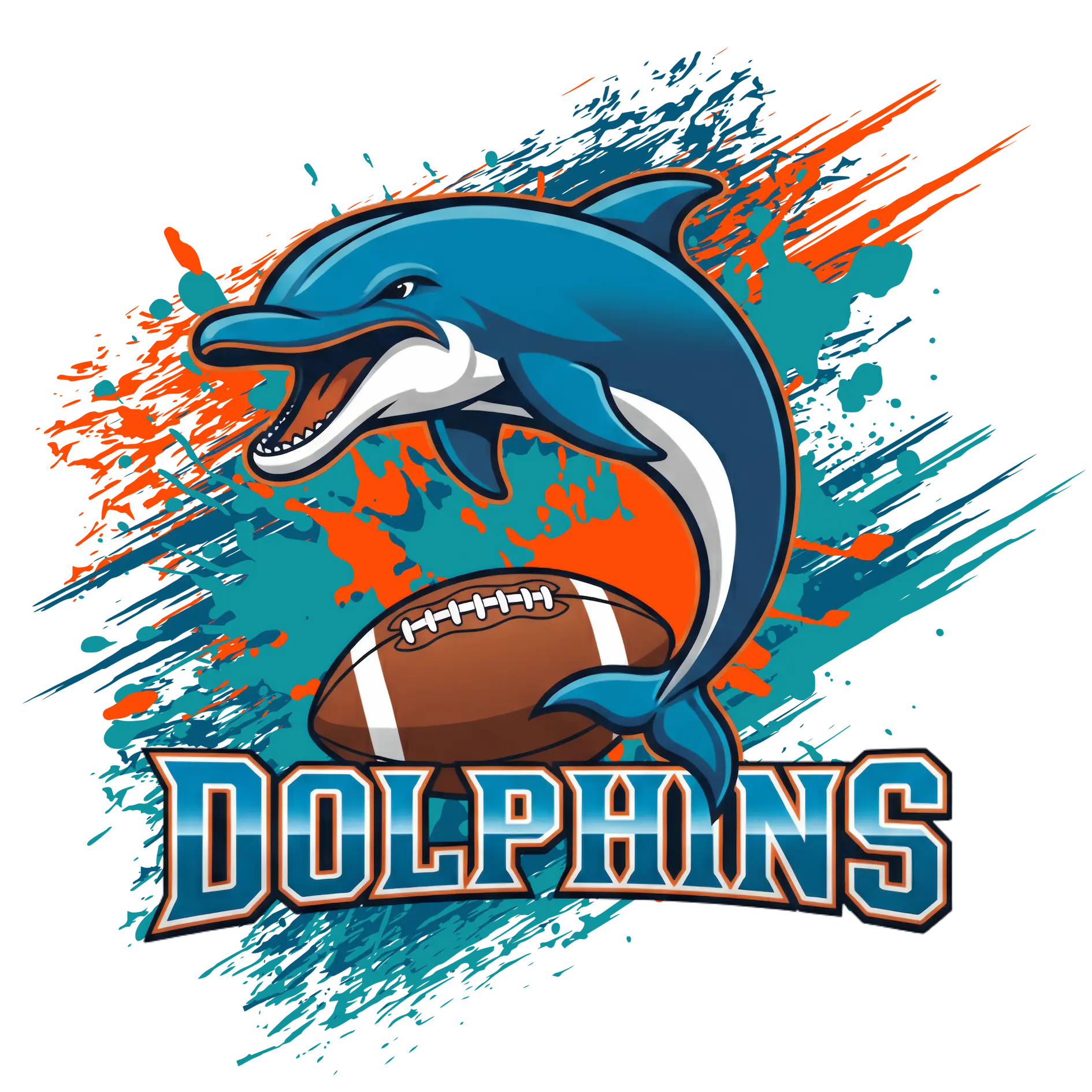 Dolphins Football Team design showing a teal dolphin leaping over a football with orange and teal splash accents.