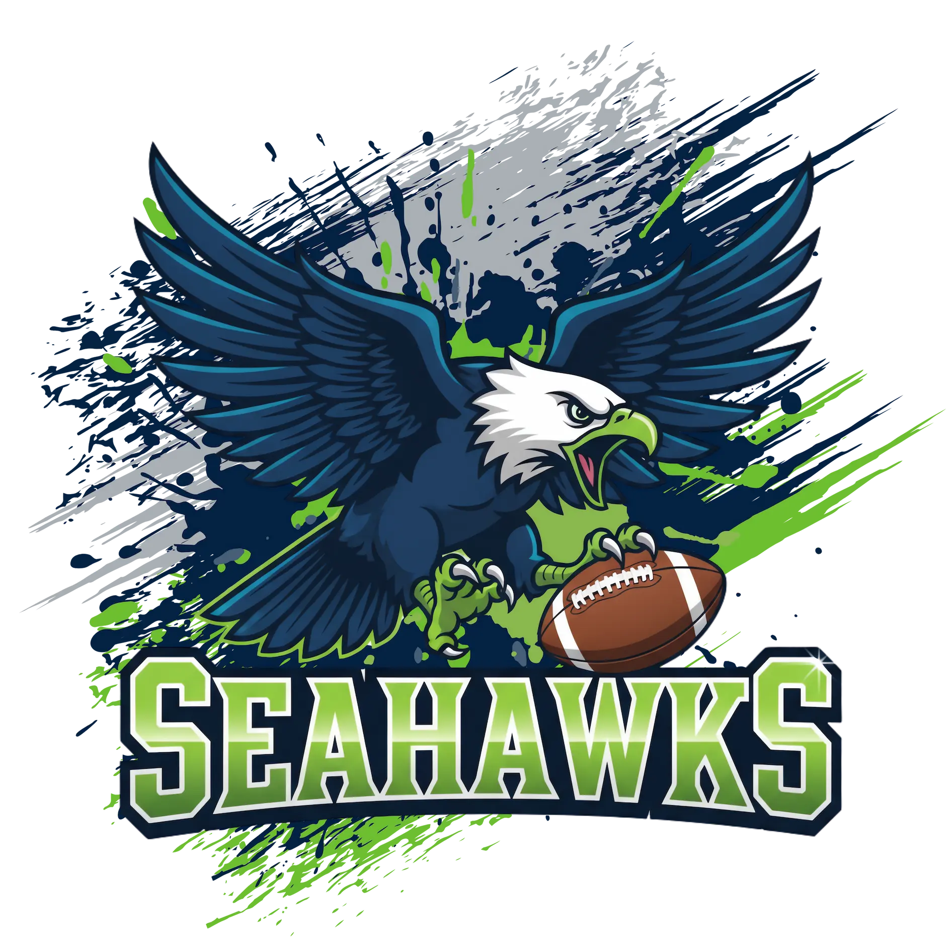 Seahawks Football Team design featuring a flying hawk gripping a football with navy, gray, and neon green splashes.