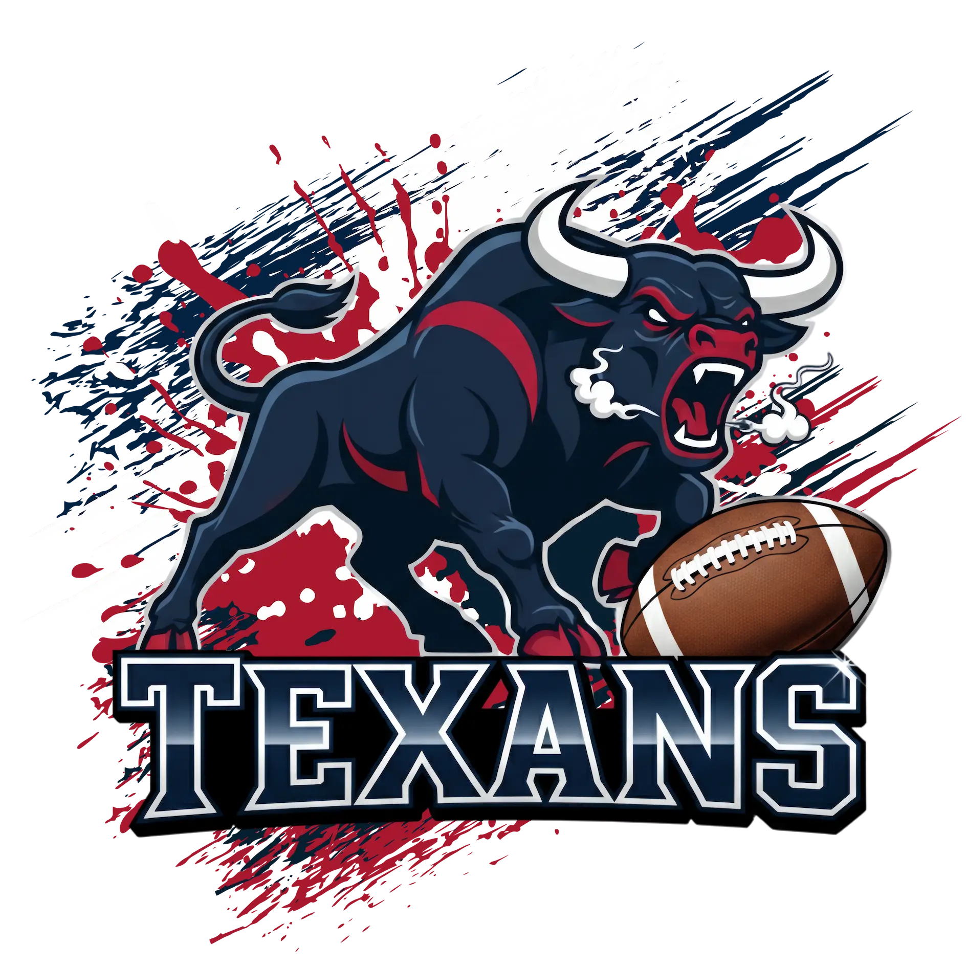 Texans Football Team design showing a charging bull with a football against a red, white, and navy splash background.