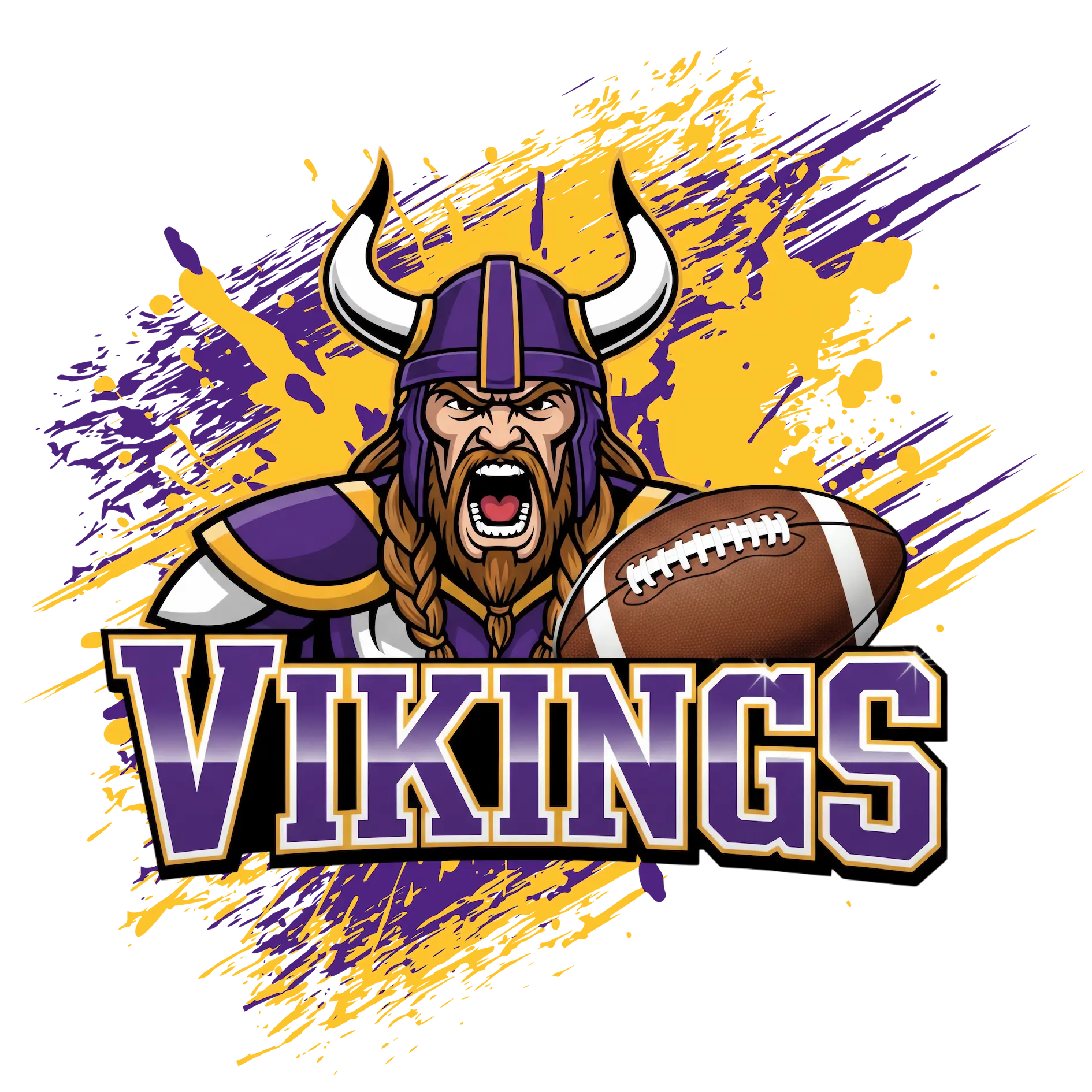 Vikings Football Team design featuring a fierce Viking warrior with a football and purple and gold splash design.