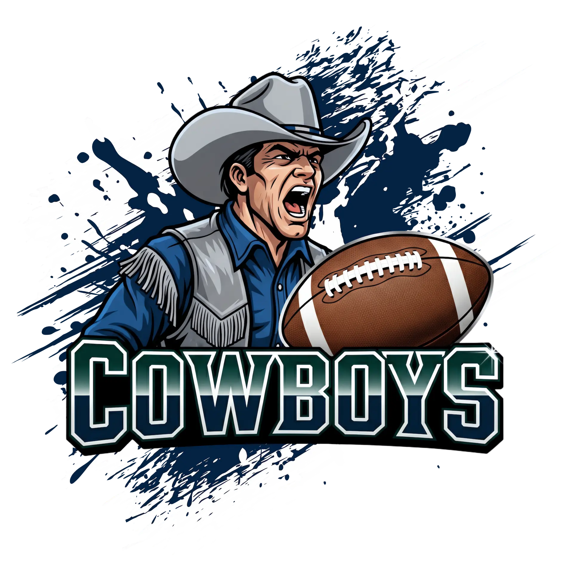 Cowboys Football Team design showing a cowboy holding a football with navy and white splash background.