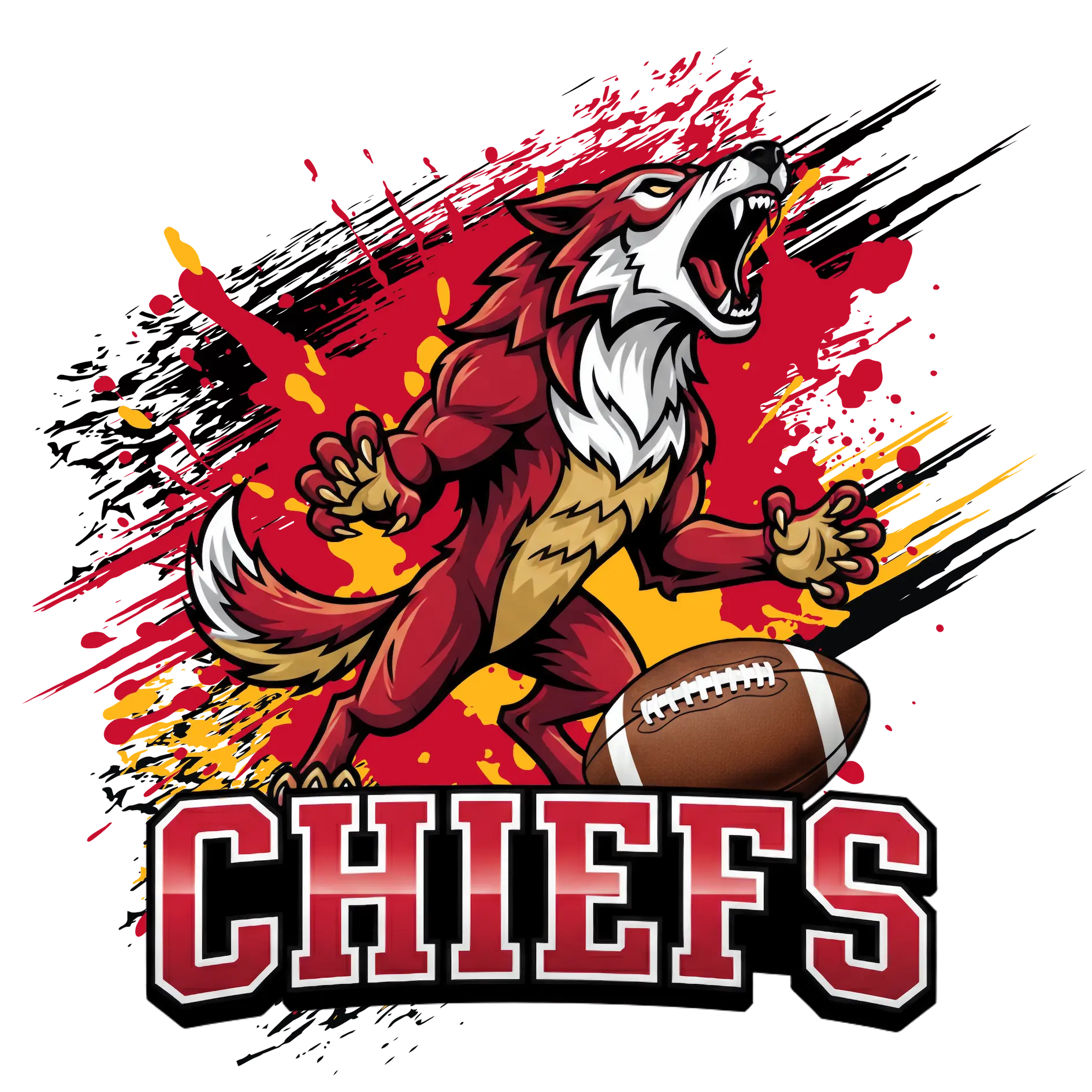 Chiefs Football Team design featuring a red wolf clutching a football with yellow and red paint splash background.