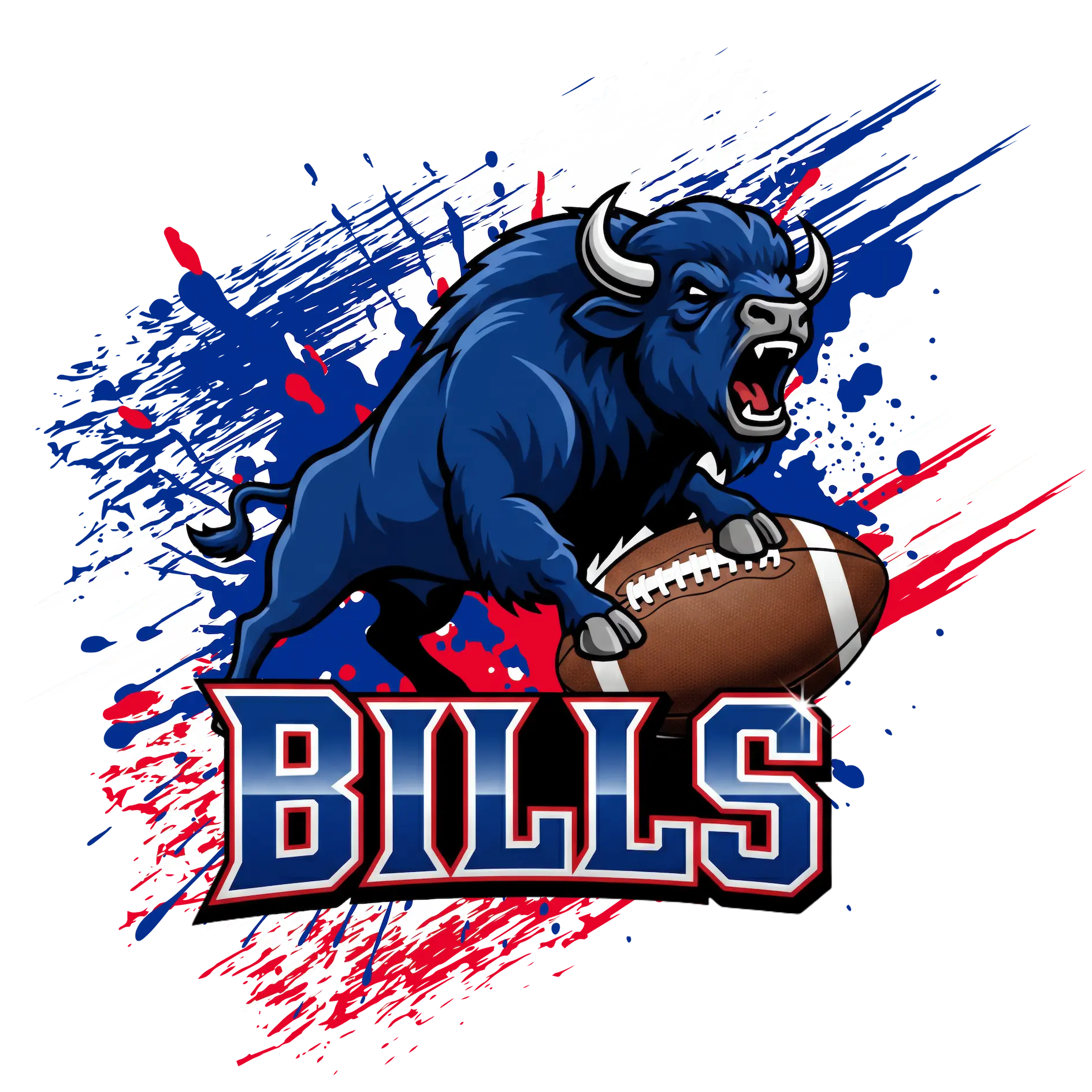 Bills Football Team design showing a charging buffalo gripping a football with red, white, and blue background.