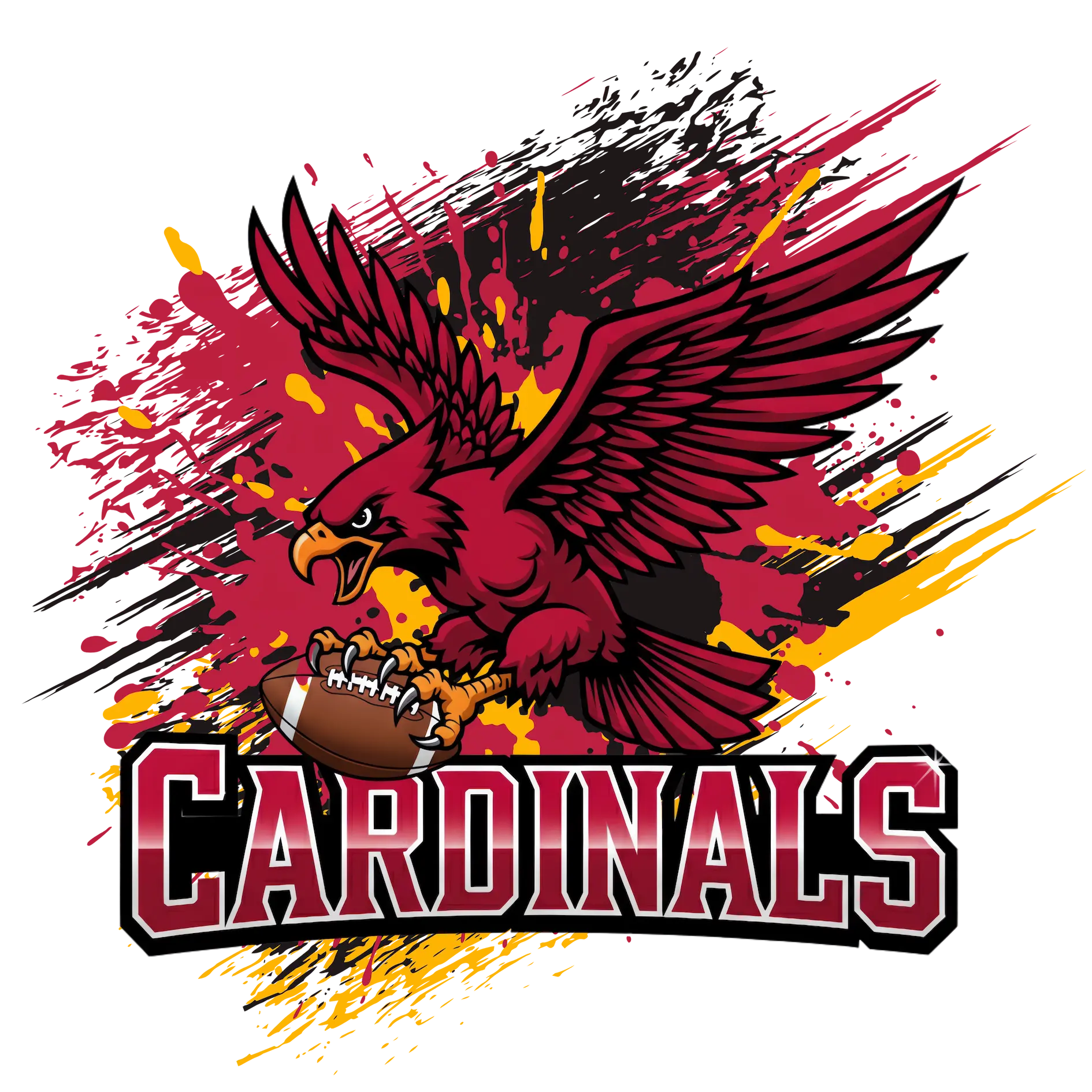 Cardinals Football Team design showing a red bird clutching a football with a red and yellow painted background.