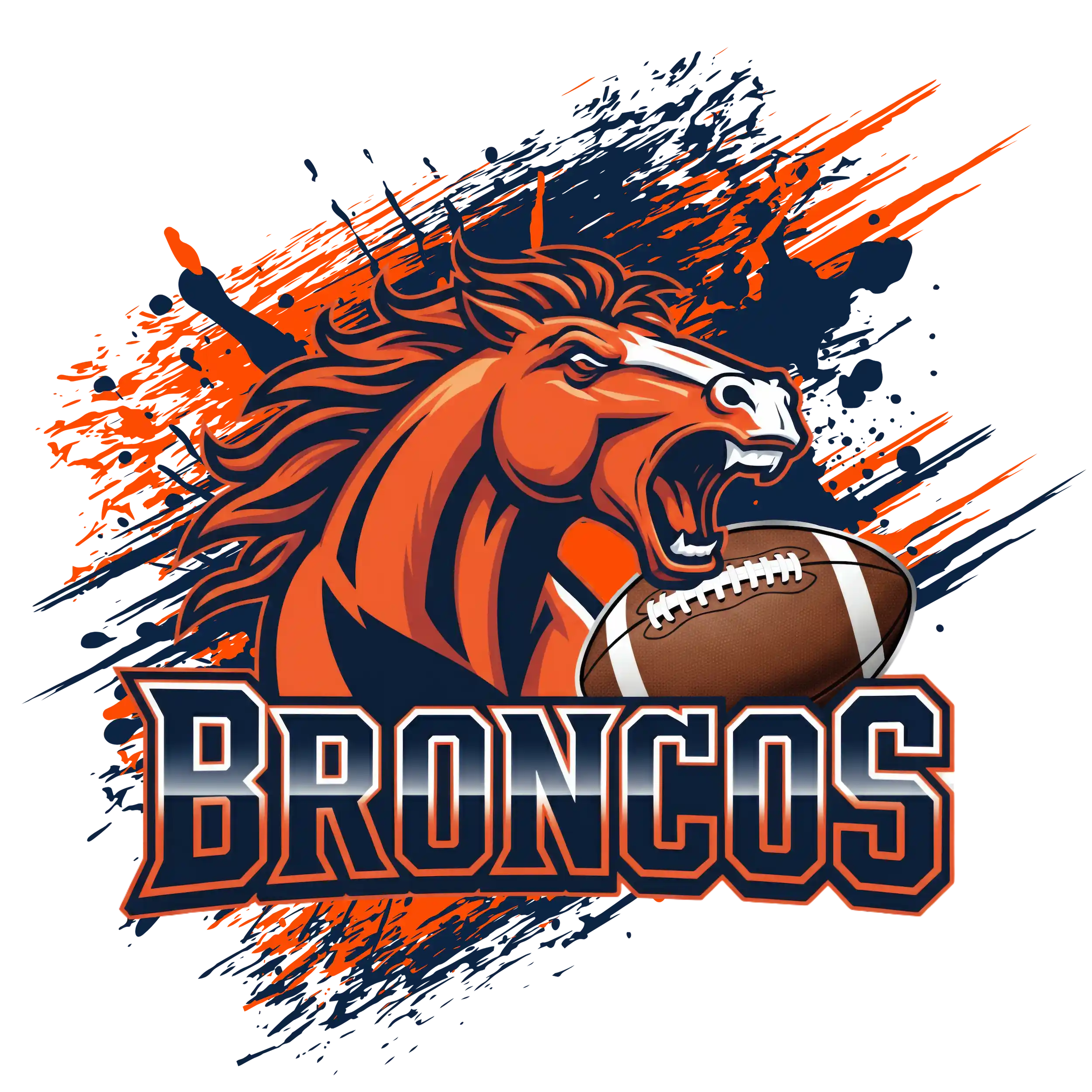 Fierce bronco horse holding football with bold 'BRONCOS' text – Denver Broncos team t-shirt design