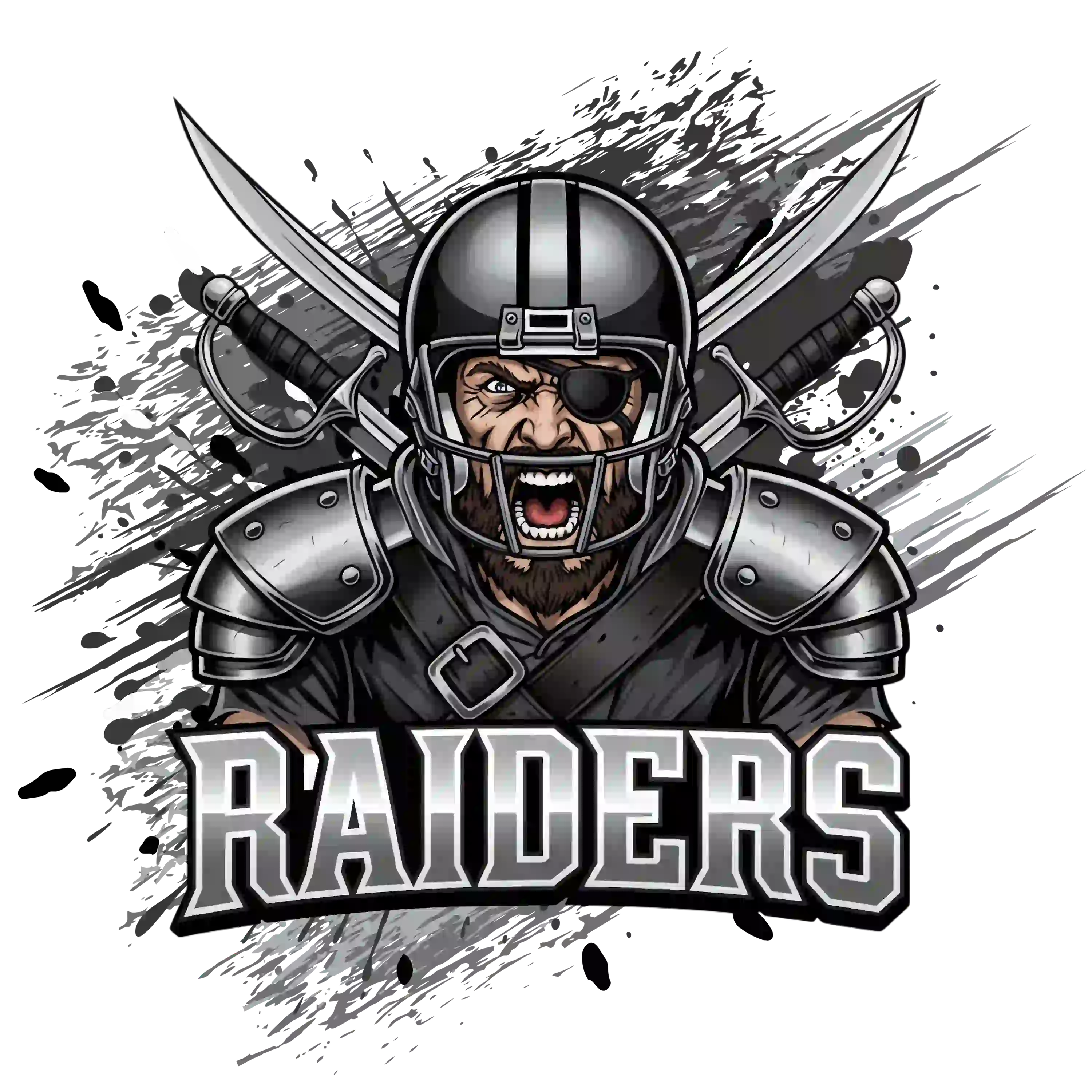 Fierce warrior with helmet, eye patch, and crossed swords behind bold 'RAIDERS' text – Las Vegas Raiders American football team t-shirt design