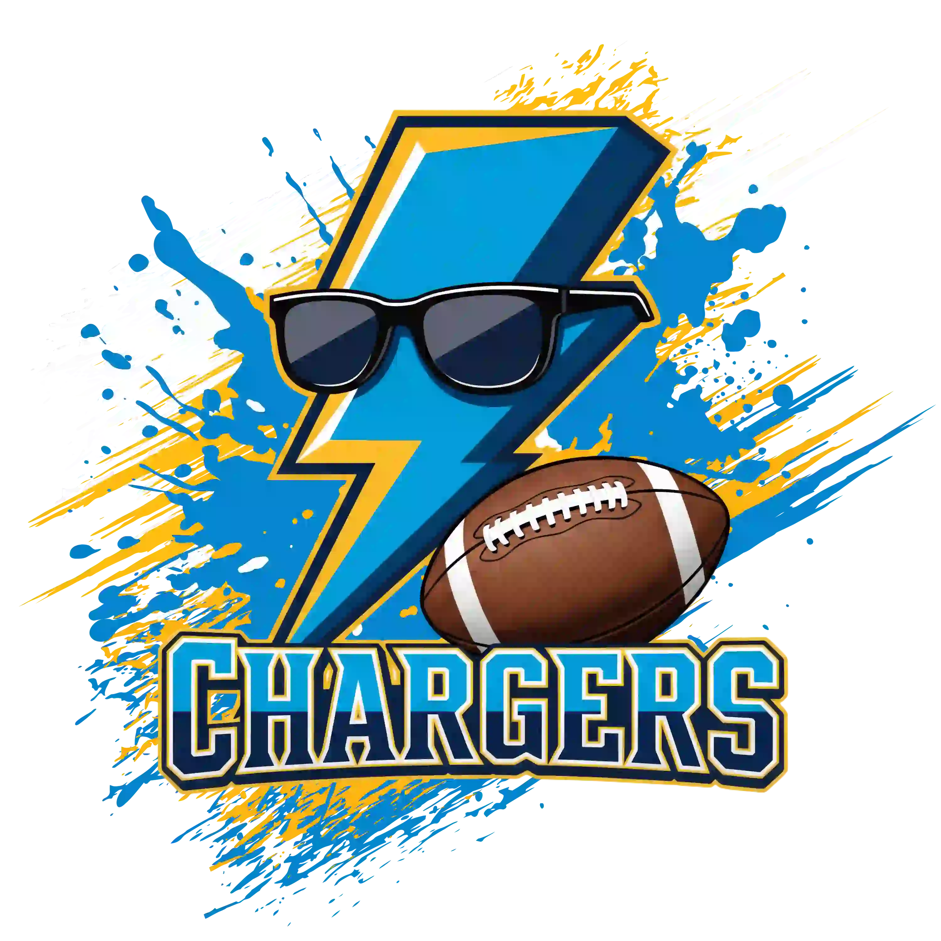 Blue and yellow lightning bolt with sunglasses and football, bold 'CHARGERS' text – Los Angeles Chargers American football team t-shirt design