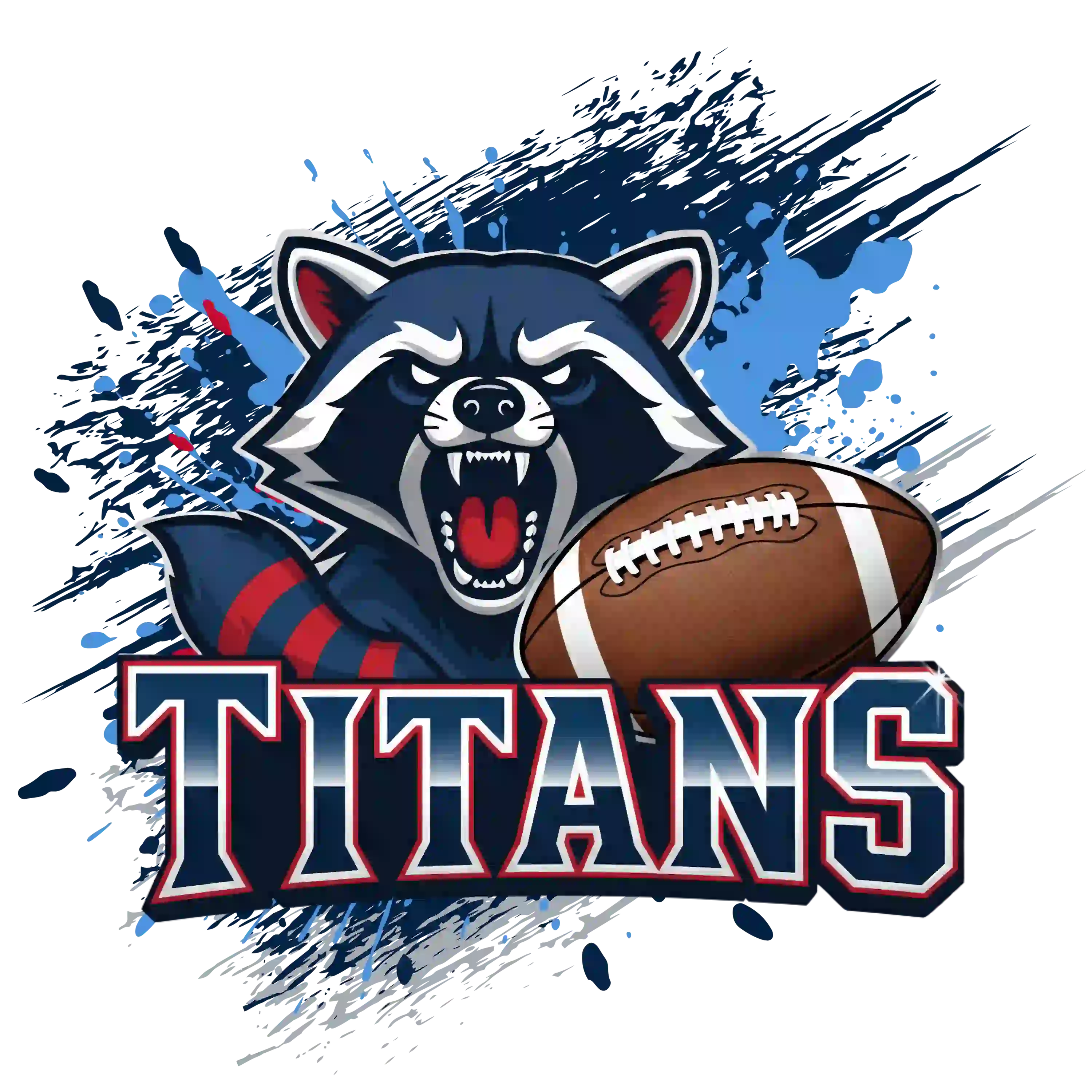 Fierce raccoon mascot holding football with bold 'TITANS' text – Tennessee Titans American Football team t-shirt design