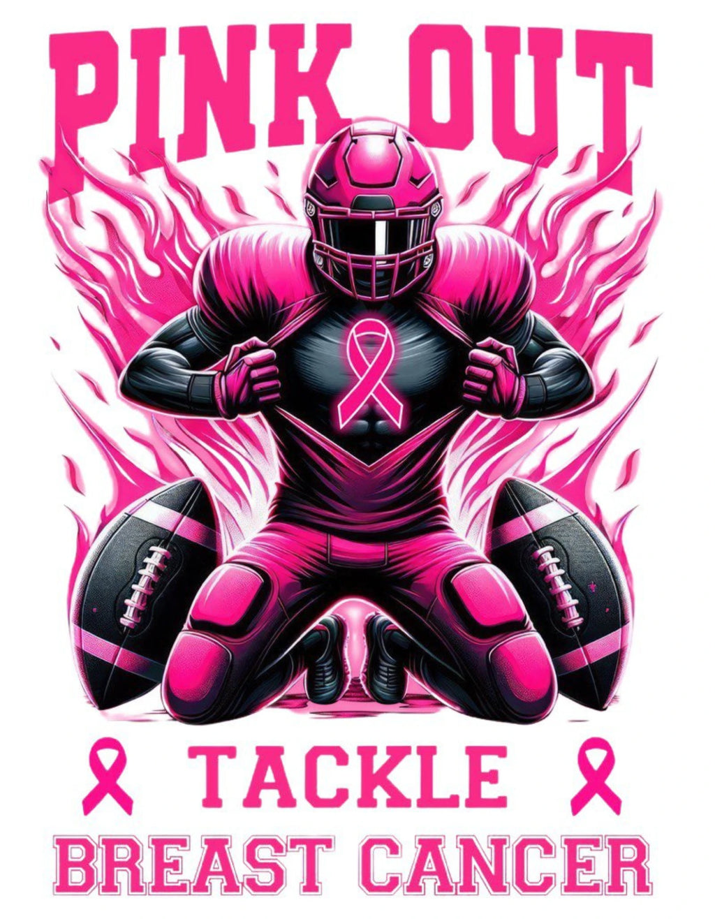 Pink-themed football player t-shirt design with breast cancer awareness elements on a white background