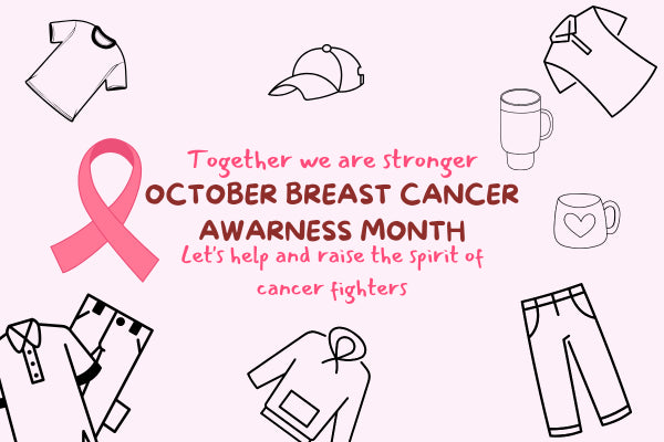 Breast cancer awareness month graphic with pink ribbon, clothing icons, and text.