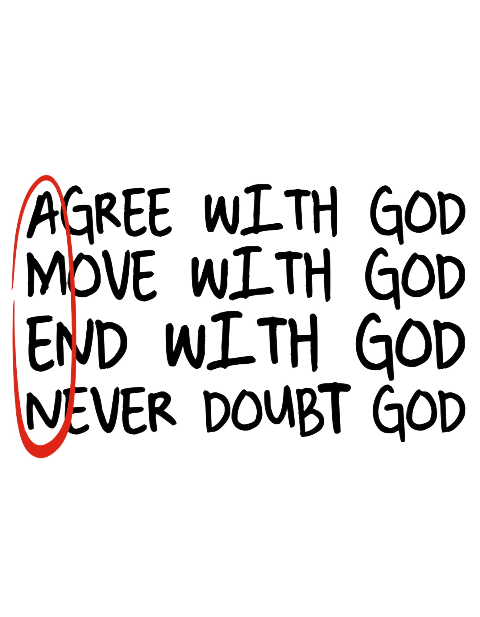 Text with motivational message about agreeing with God on a white background